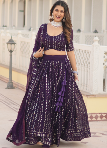 Amazing Wine Sequence Work Georgette Lehenga Choli For Wedding